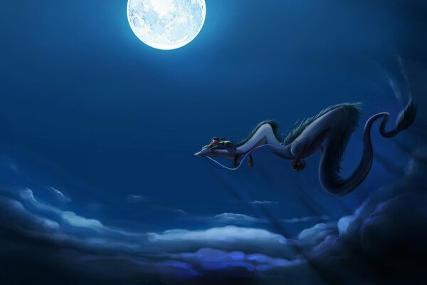 Dragon volant sur fond de lune