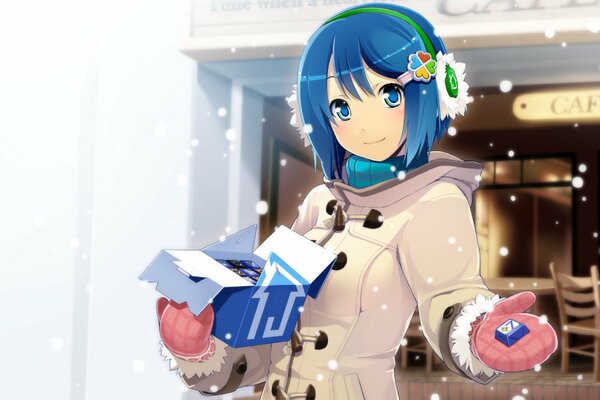 Anime girl aux cheveux bleus et dans des vêtements chauds tient une boîte de bonbons au chocolat