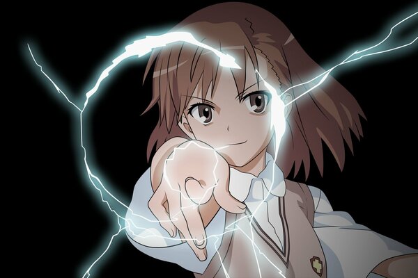 Misaka shoots lightning into the glass