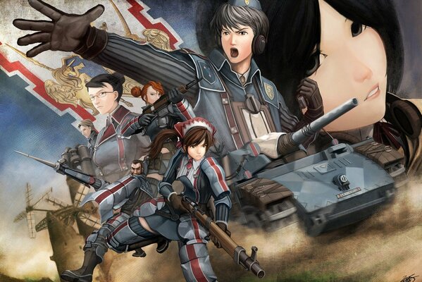 Anime, auf dem Kriege und Panzer gezeichnet sind