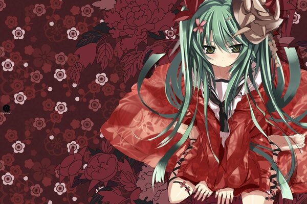 Anime fille en kimono rouge