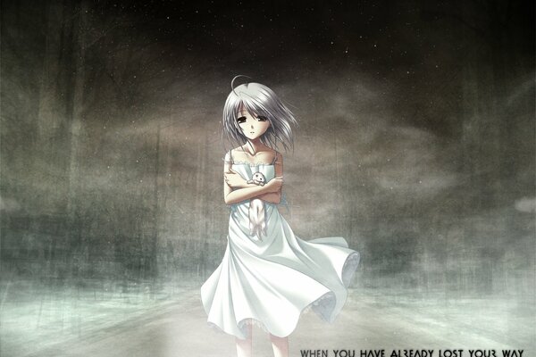 Anime Mädchen in weiß in Traurigkeit