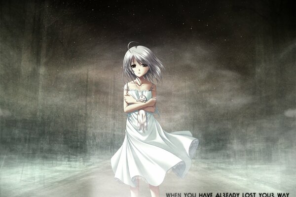 Anime girl in white in sadness