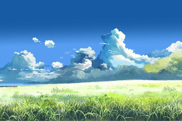 Hierba joven bajo el cielo azul con nubes de anime