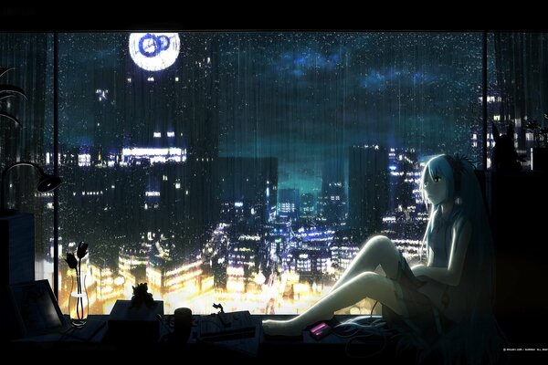 Anime girl with headphones night rain