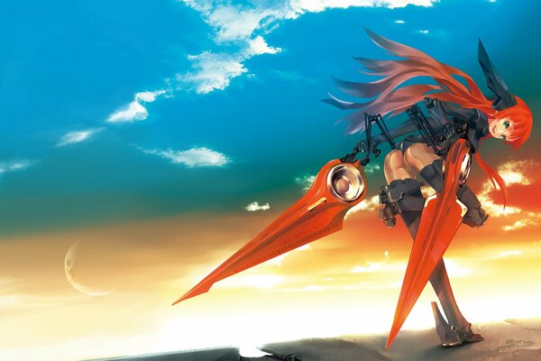 Mechagirl with red swords on a blue sky background