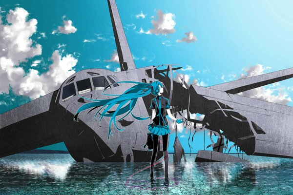 Hatsune Miku en el fondo de un avión estrellado y el mar