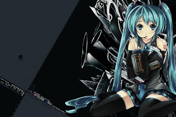 Anime girl with blue eyes and hair on a black background