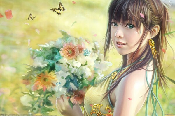 Anime drawing of a girl with a bouquet in the field