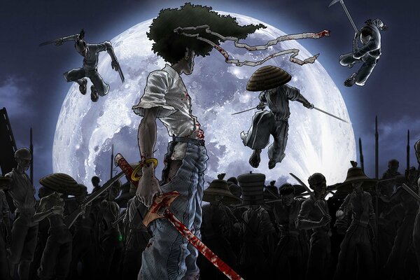 Afrosamurai-Konfrontation mit einer Menge von Ausländern