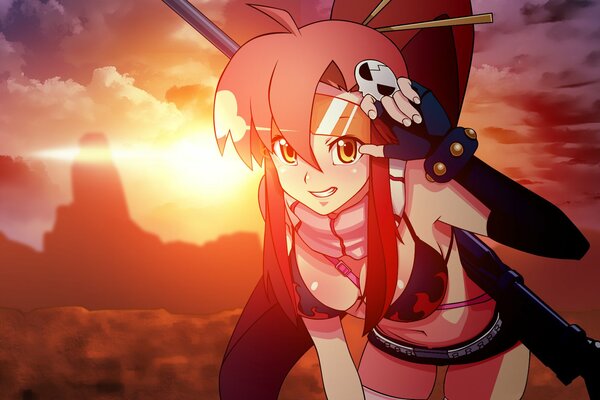 At sunset, a girl with a rifle