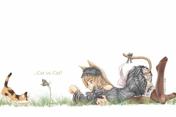 On the lawn there is a girl who looks like a kitty with a cat