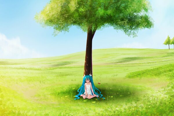 A girl is sitting in a field in the summer. Anime