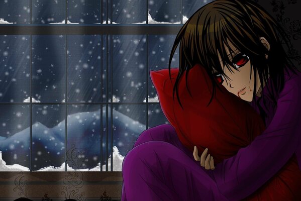 Anime girl in blood at the window in winter