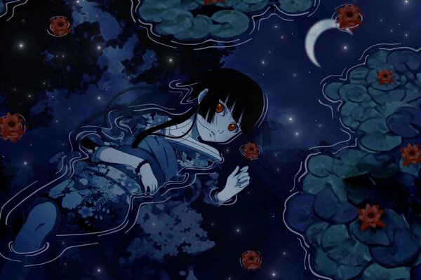 Fantasy drawing with a girl in the water among water lilies