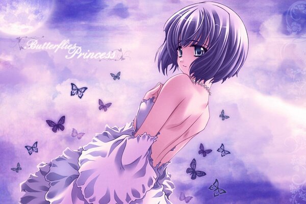 Anime girl in a white dress with butterflies