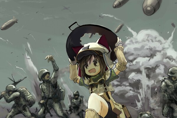 Anime girl fuit des soldats au milieu des explosions