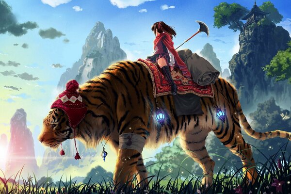 Anime girl chan on a tiger in a winter hat. Fantasy anime