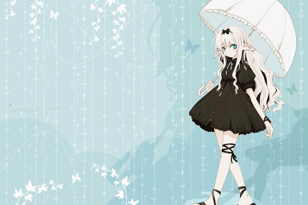 Девушка эльф в черном платье с зонтиком