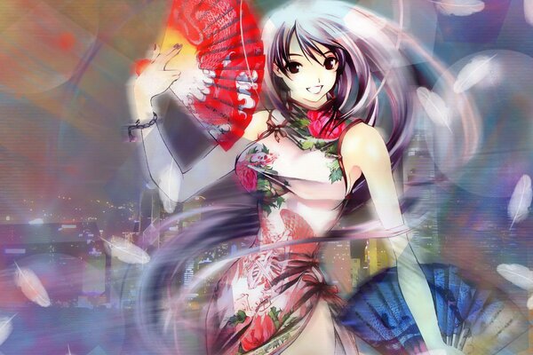 Anime girl in a kimono with a red fan on the background of the anime city