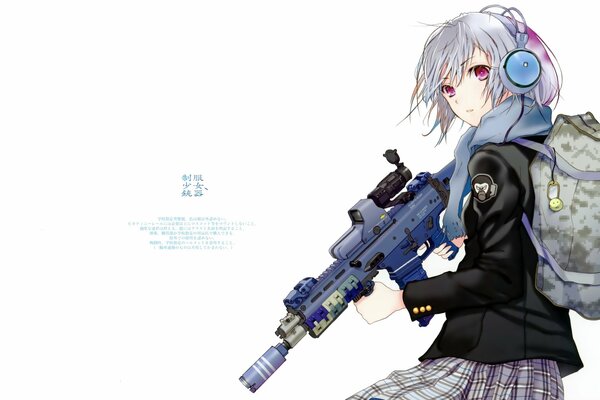 Anime girl with a backpack and a machine gun