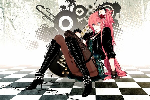 Megurine luka mit rosa haaren und Gitarre