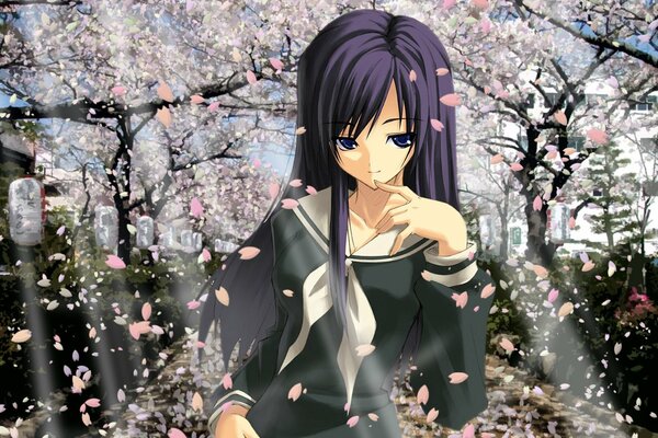 Chica de anime en el Jardín de flores de cerezo