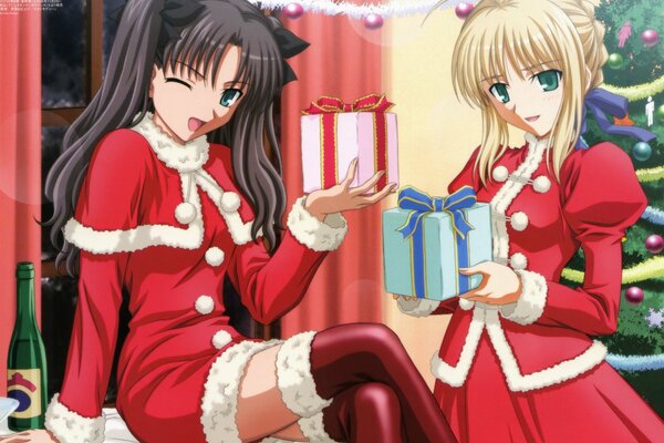 Girls with gifts for the new year