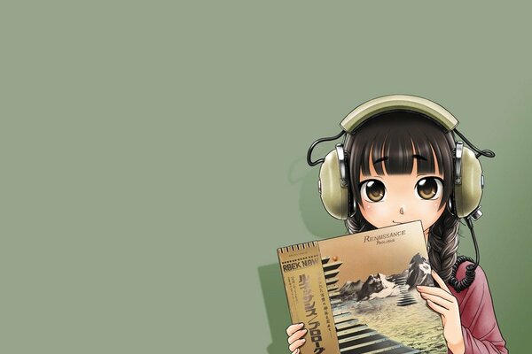 Girl with a record and headphones anime