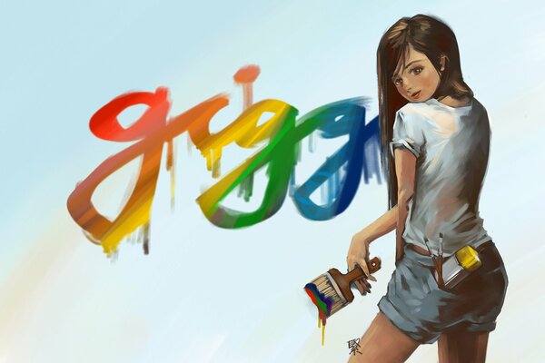 Mädchen mit einem Pinsel in der Nähe eines hellen regenbogenfarbenen Schriftzugs
