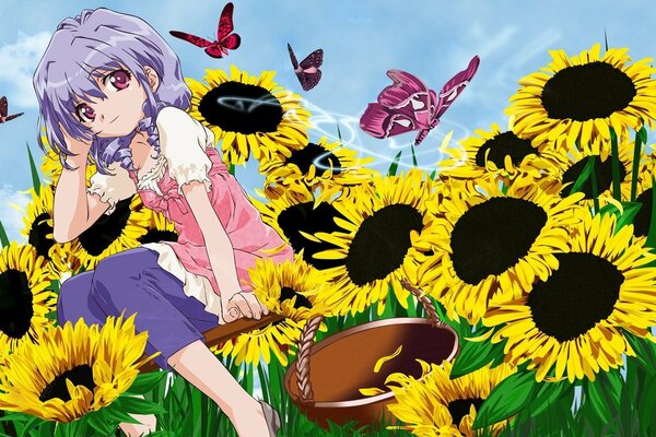 Mädchen mit einem Korb in einem Sonnenblumenfeld