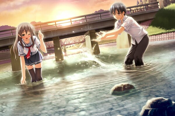 Guy and girl splashing in the river anime