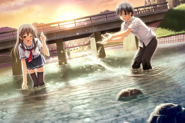 Guy et fille éclaboussant dans la rivière anime