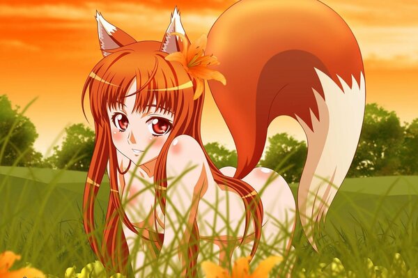 Das Mädchen ist ein Fuchs mit einer Blume im Haar