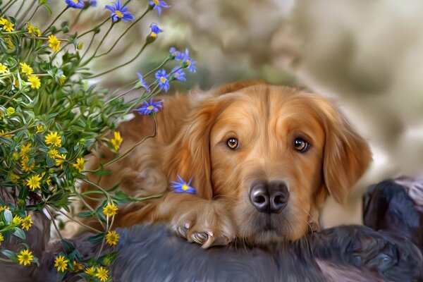 A painted dog with a devoted look next to flowers