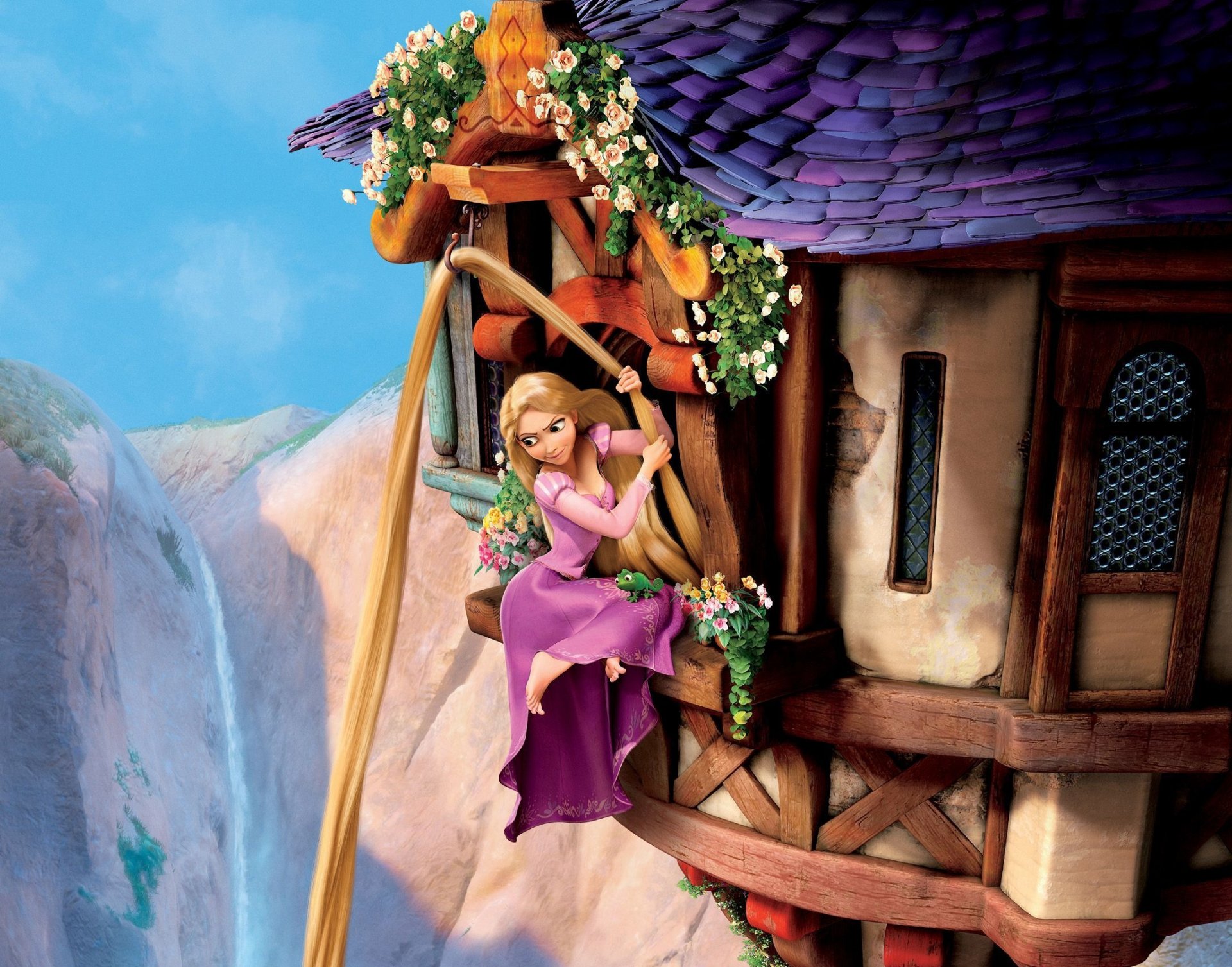 rapunzel: verworrene geschichte verworrene geschichte rapunzel prinzessin goldilocks schloss turm fenster berge himmel chamäleon pascal haare blumen