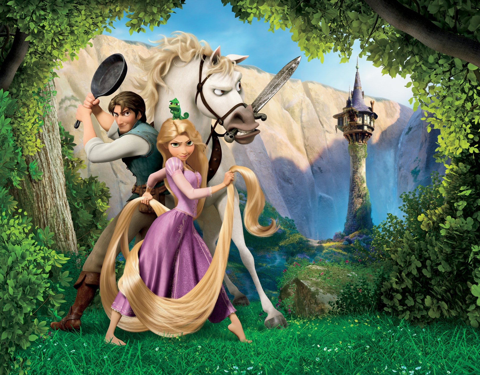 rapunzel: una historia enredada rapunzel flynn maxim maximus pascal princesa ladrón caballo camaleón castillo torre cielo montañas bosque valle arroyo árboles hierba flores espada sartén cabello