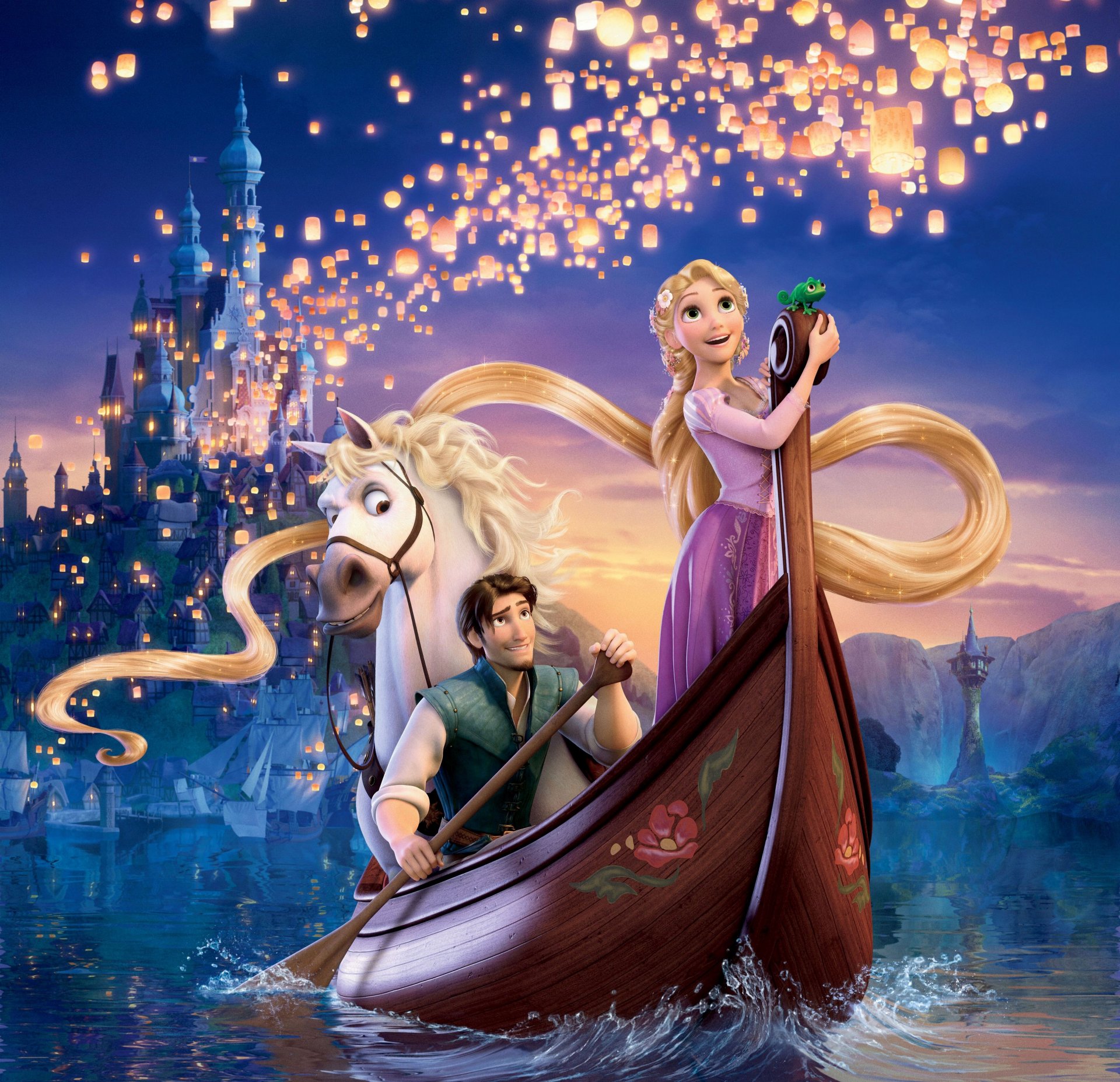 rapunzel: una historia enredada rapunzel flynn maxim maximus pascal princesa ladrón caballo camaleón cabello palacio castillo torre cielo noche río agua montañas barco olas luces linternas