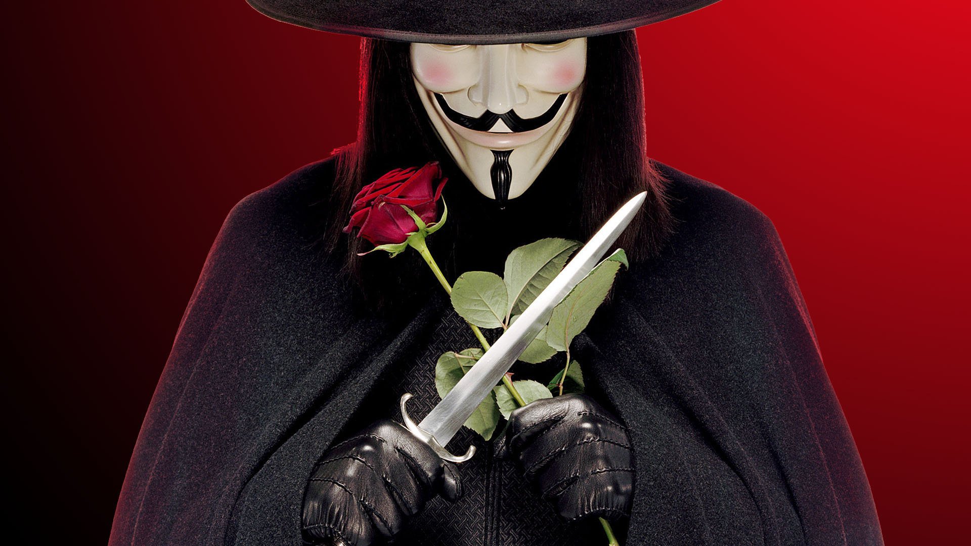 v significa vendetta v v oh sí es él y es hermoso: rosa daga máscara de guy fawkes sombrero capa fondo rojo fondo negro guantes