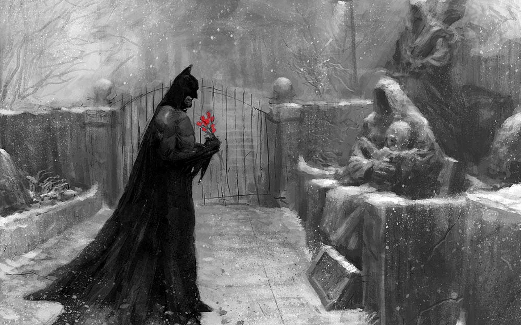 dessin batman cimetière neige manteau fleurs