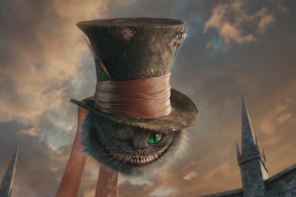 A Cheshire cat with one open eye and a top hat on its head