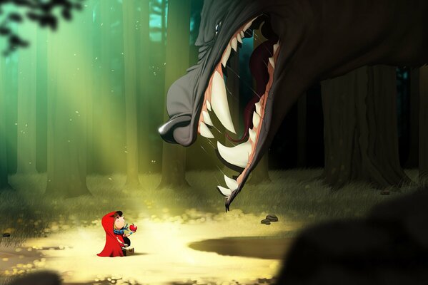 Le petit Chaperon rouge donne une fleur au loup effrayant