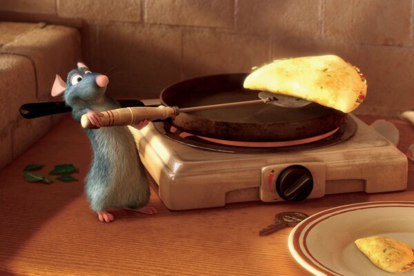 Eine Ratatouille-Karikatur. Eine Ratte bereitet Pfannkuchen zu