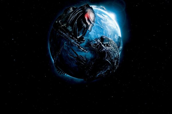 Predator vs alien on the background of the earth