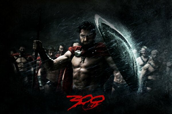 Ein Poster für den Film von 300 Spartanern. Dunkles Bild, Regen