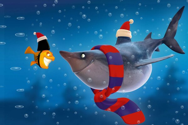 Cartoon shark and fish new year