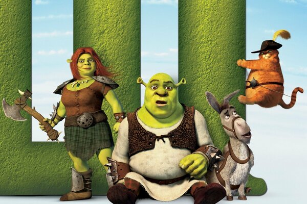 Shrek con Fiona-un bárbaro y un gato gordo con un burro