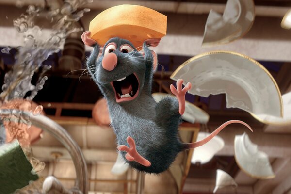 A mouse from the cartoon ratatouille with cheese in his hands