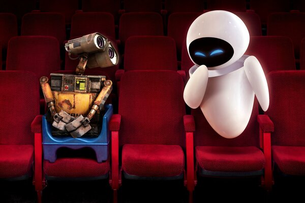 Cartone animato sui robot Willie ed Eva. Robot in sedie rosse al cinema