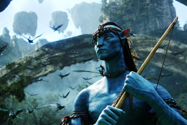 A shot from a movie with an avatar holding a bow